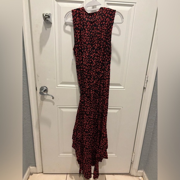 Ganni Floral Logo Print High Low Wrap Dress Black Red - Picture 3 of 5
